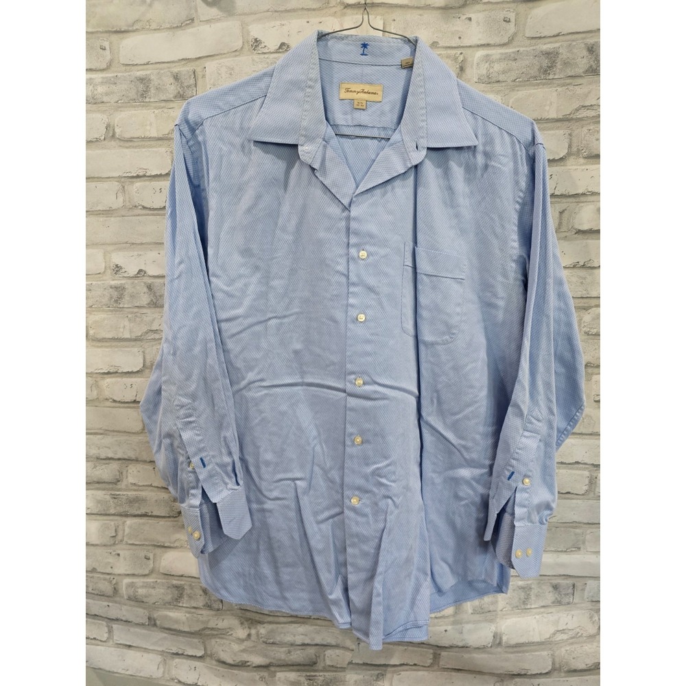 Tommy Bahama Dress Shirt Mens 16.5‎ 34-35 Blue Solid Beach Vacation Wedding